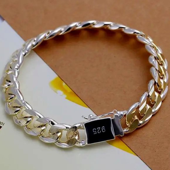 Heavy 2 Tone, 10mm Wide Cuban Miami Link Bracelet ,Stamped 925 Sterling Silver - Picture 2 of 7